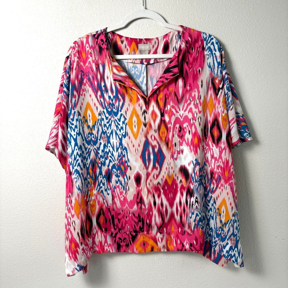 Chicos Ikat Print Top Size 2 US 12 14 Pink Blue Split Neck Short Dolman Blouse
